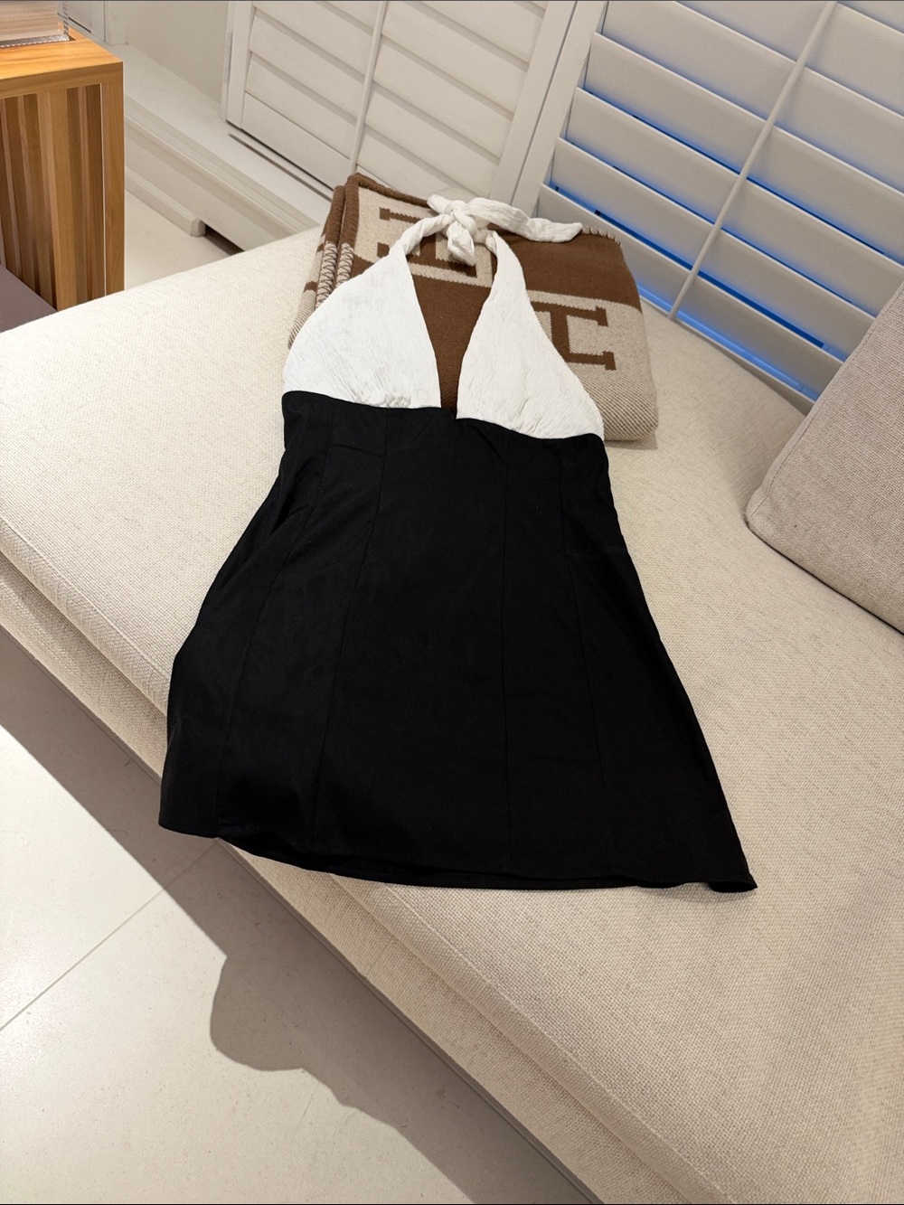 Halter Two-Tone Mini Skirt Dress in Black & White